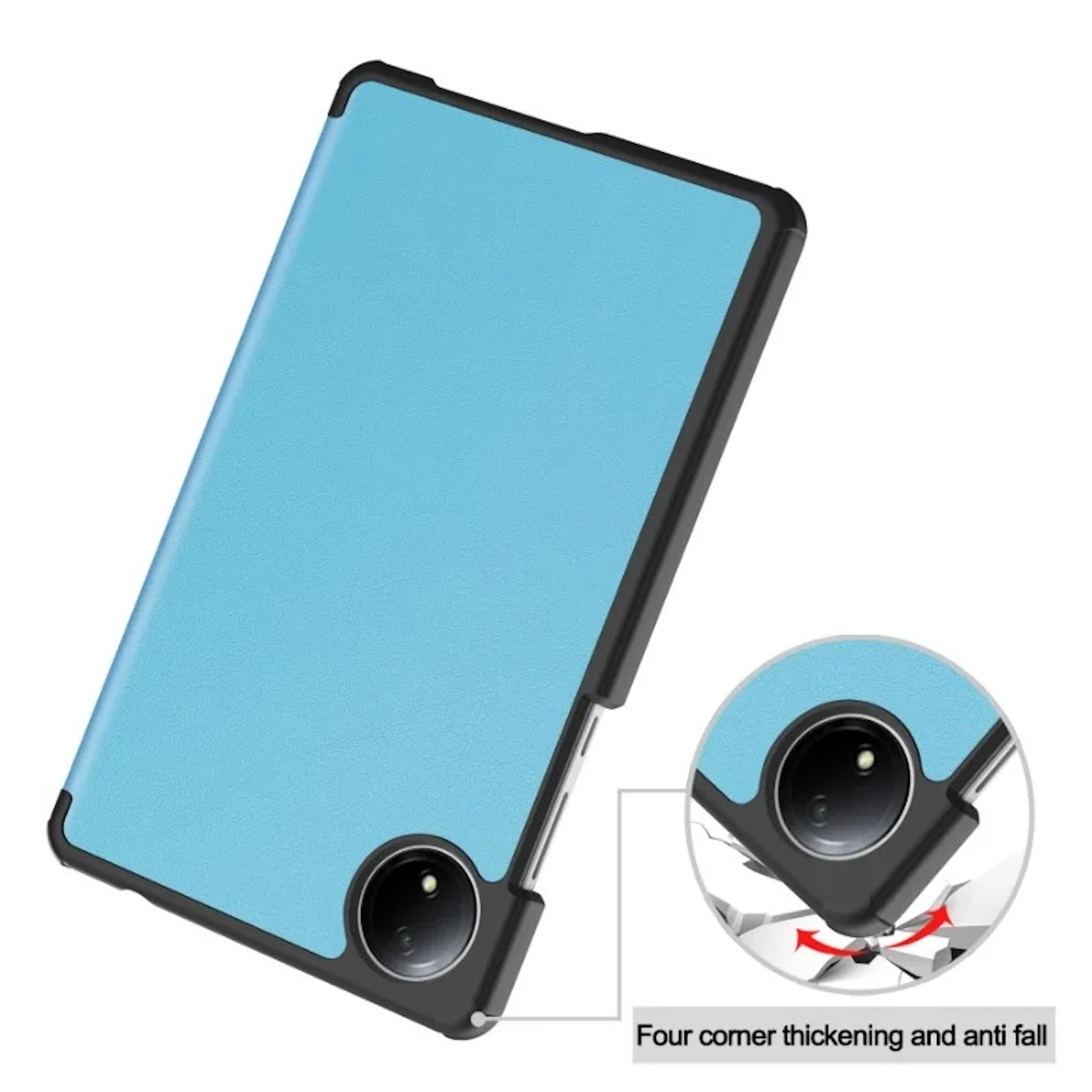 Una funda de tableta azul claro con bordes negros. Muestra un primer plano del área de la cámara.