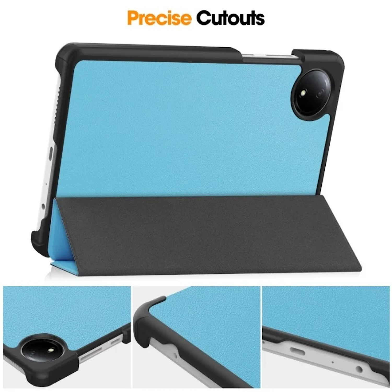 Una funda azul para tablet con marco negro. La funda se pliega para sostener la tablet. Se muestran primeros planos.