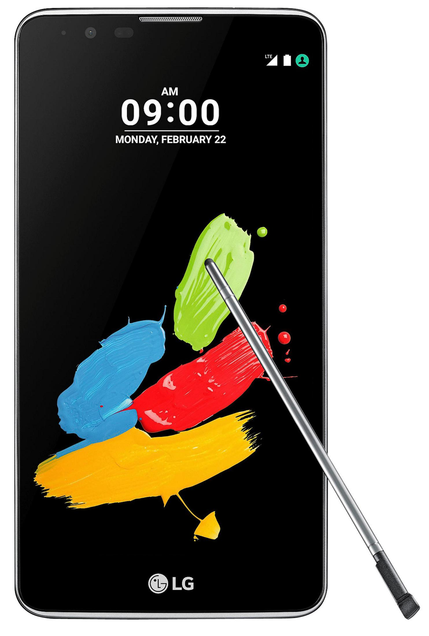 Ein schwarzes Smartphone mit einem Stift. Der Bildschirm zeigt ein farbenfrohes Gemälde und die Uhrzeit.