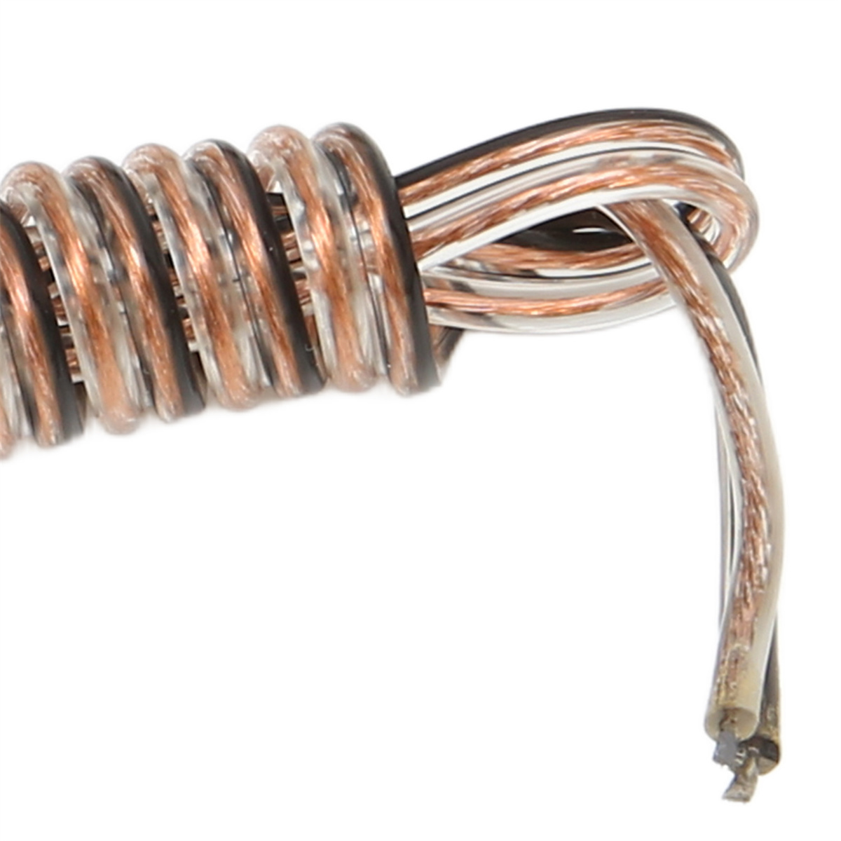 Aufgerolltes Audiokabel mit Kupfer- und transparenten Drähten.