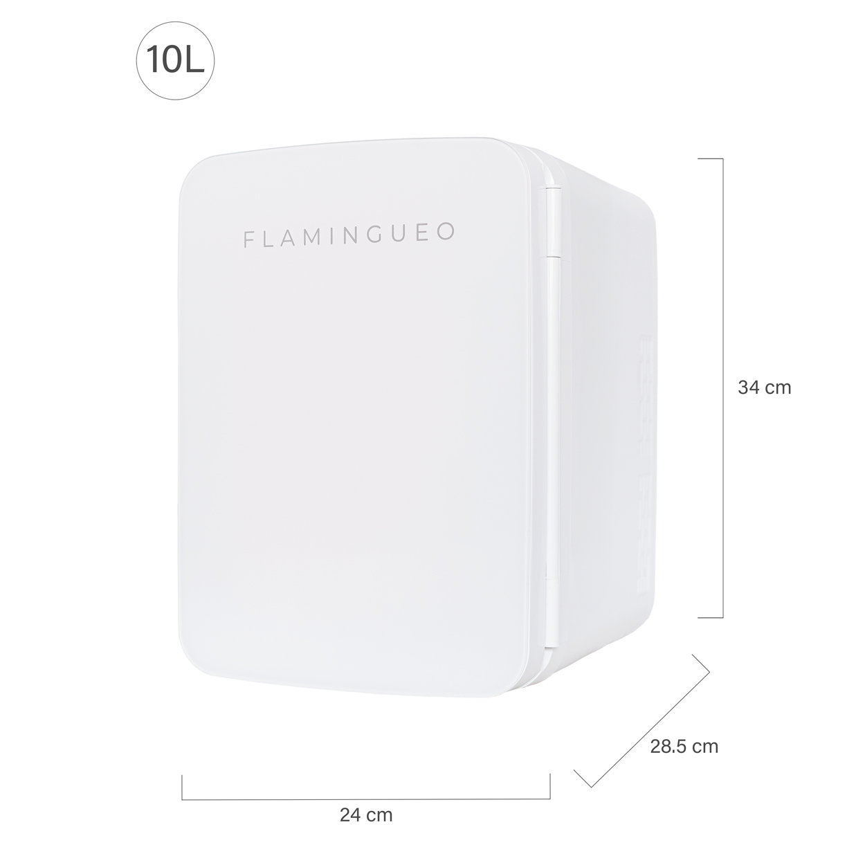 Min nevera blanca con dimensiones. La marca es Flaminguo, y la capacidad es de 10L.