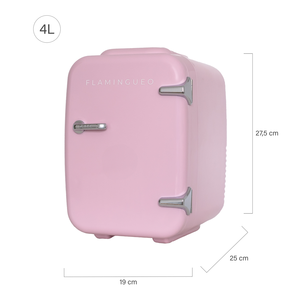 Mini nevera rosa con detalles plateados, un asa y la palabra FLAMINGUEO.