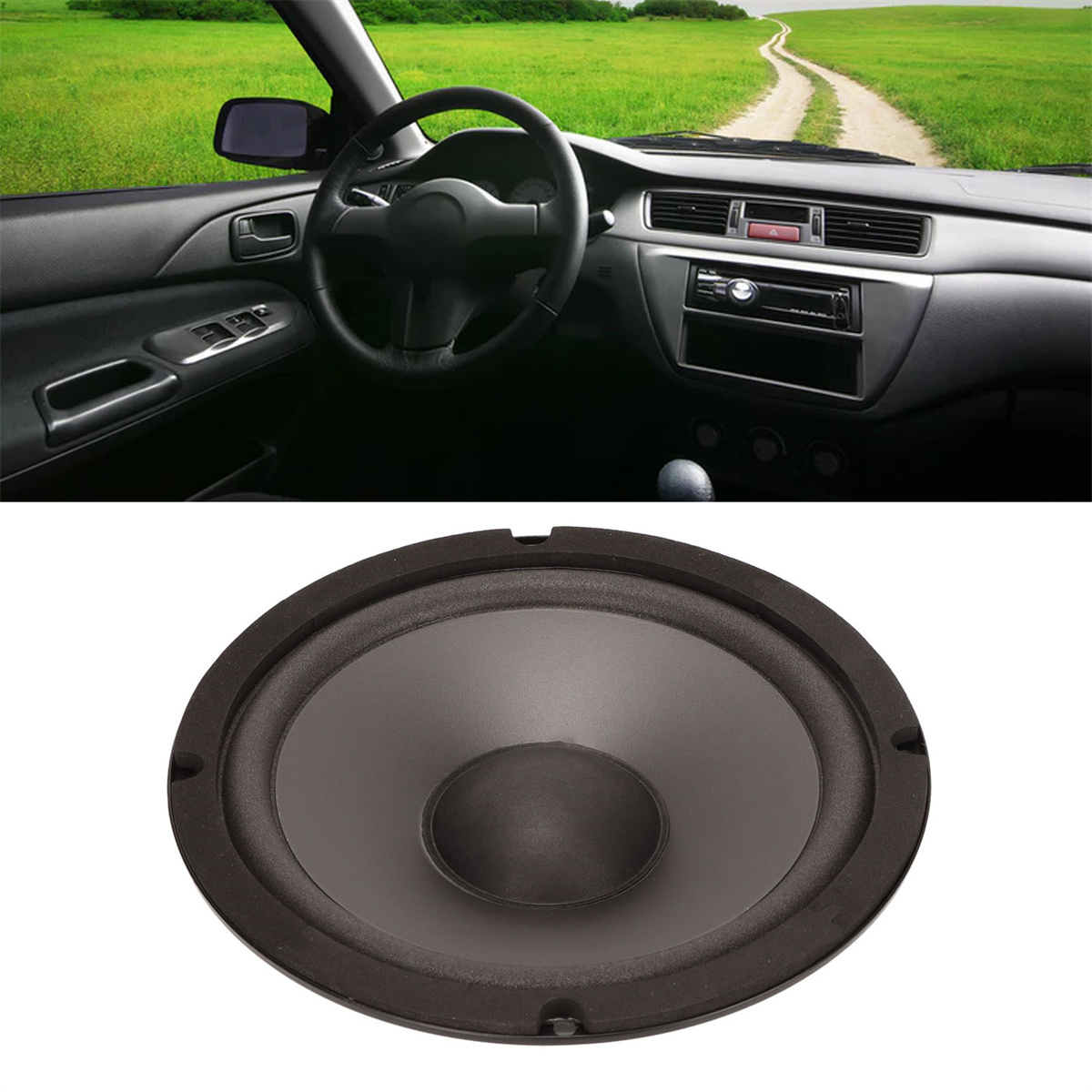 Eine Innenaufnahme eines Autos mit einem Lautsprecher im Vordergrund. Der Lautsprecher ist schwarz und das Auto ist grün.