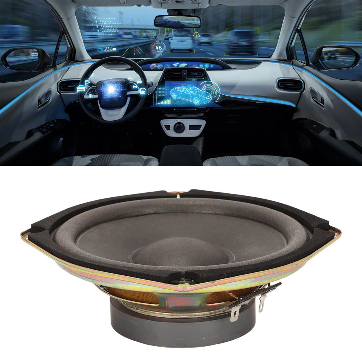 Autointerieur mit digitalem Display und Lautsprecherkomponente darunter, auf weißem Hintergrund.