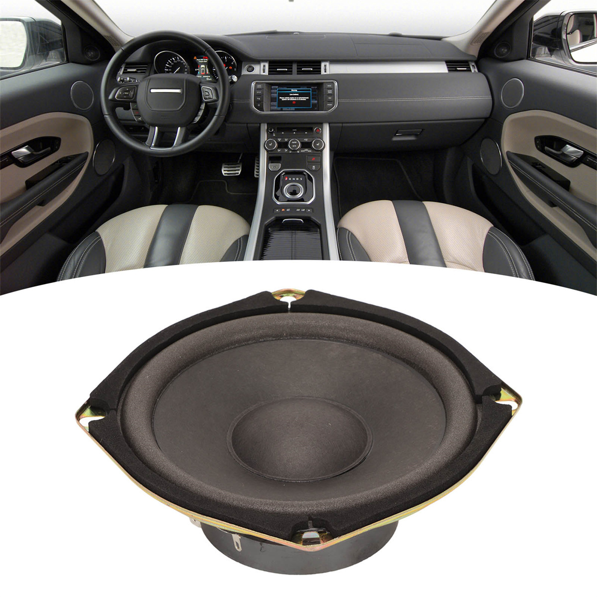 Autointerieur mit Lautsprecher im Vordergrund. Armaturenbrett, Lenkrad und andere Autoelemente sind sichtbar.
