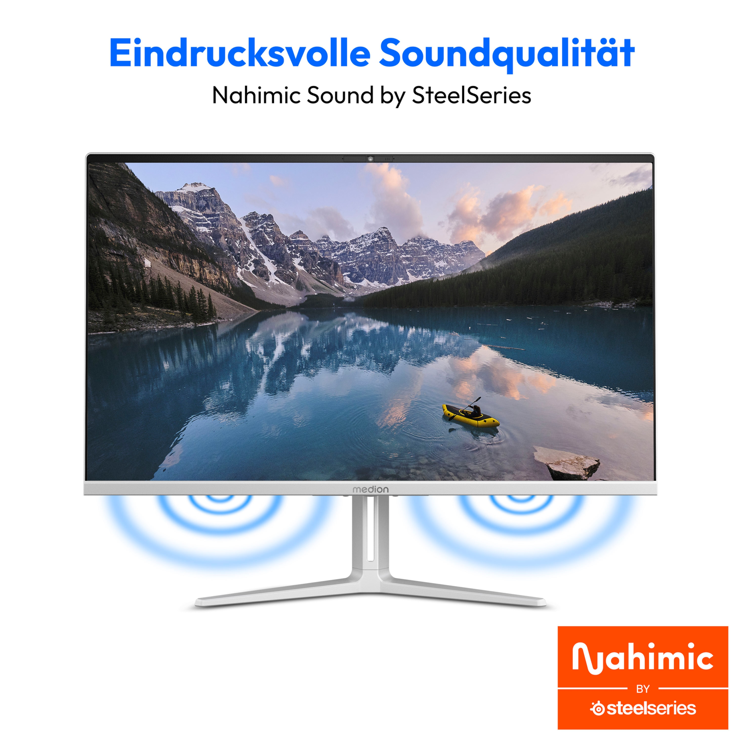 Medion-Monitor mit Landschaftshintergrund, Nahimic Sound-Logo.