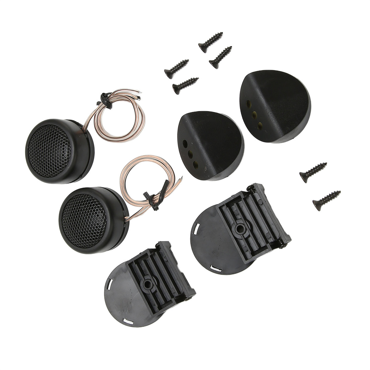 Auto-Lautsprecher und Montagezubehör auf weißem Hintergrund.