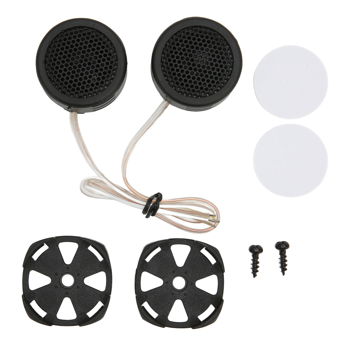 Zwei schwarze Autolautsprecher-Hochtöner, zwei Montageplatten, ein Kabel und Schrauben. Weiße Kreise oben.