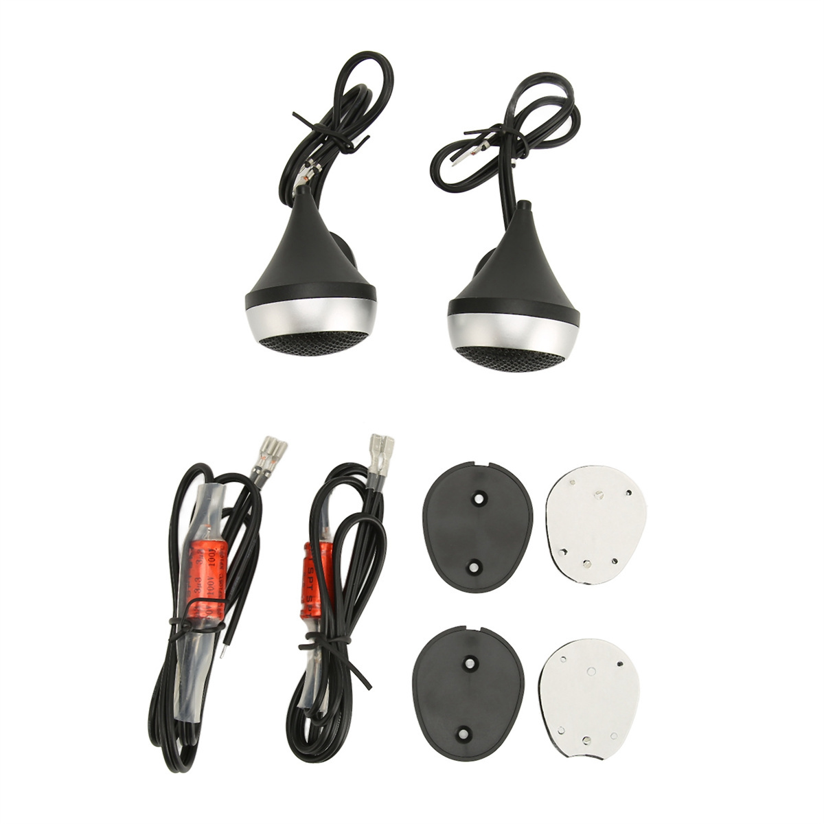 Zwei Auto-Audio-Hochtöner mit Kabeln, Verdrahtungskomponenten und Montagezubehör.