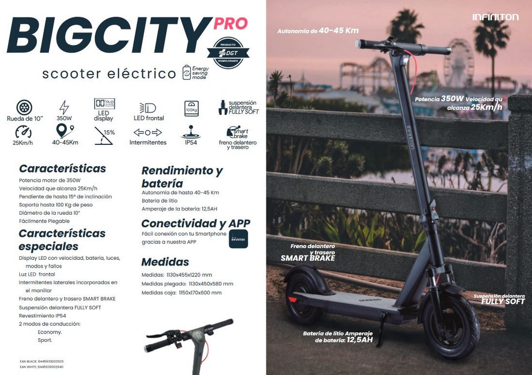 Scooter eléctrico negro con detalles sobre tamaño de rueda, alcance y velocidad, con fondo de ciudad.