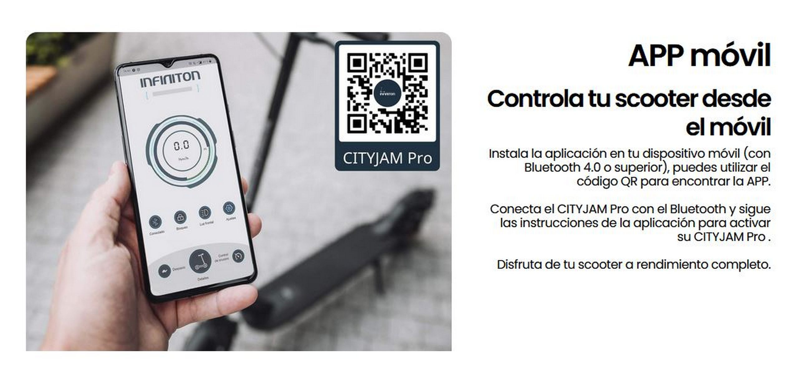 Un teléfono inteligente que muestra la interfaz de la aplicación, junto a un código QR y un scooter negro.