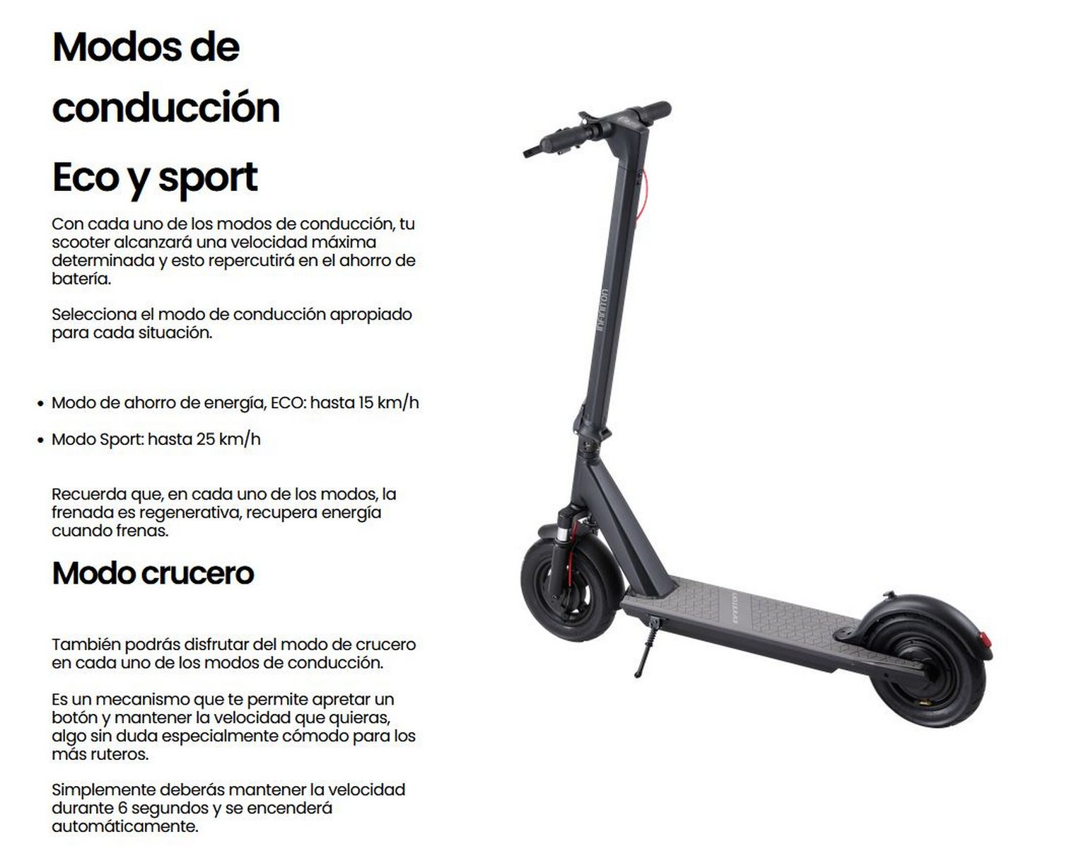 Patinete eléctrico, negro y gris, sobre fondo blanco. Texto en español sobre modos.