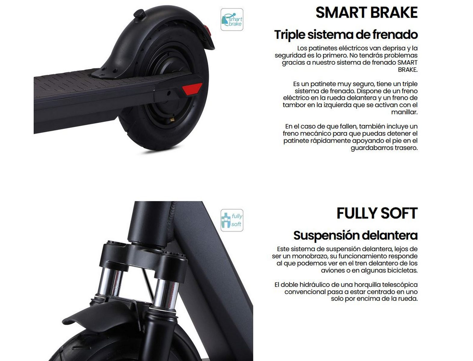 Primer plano de un patinete eléctrico negro, destacando freno y suspensión.