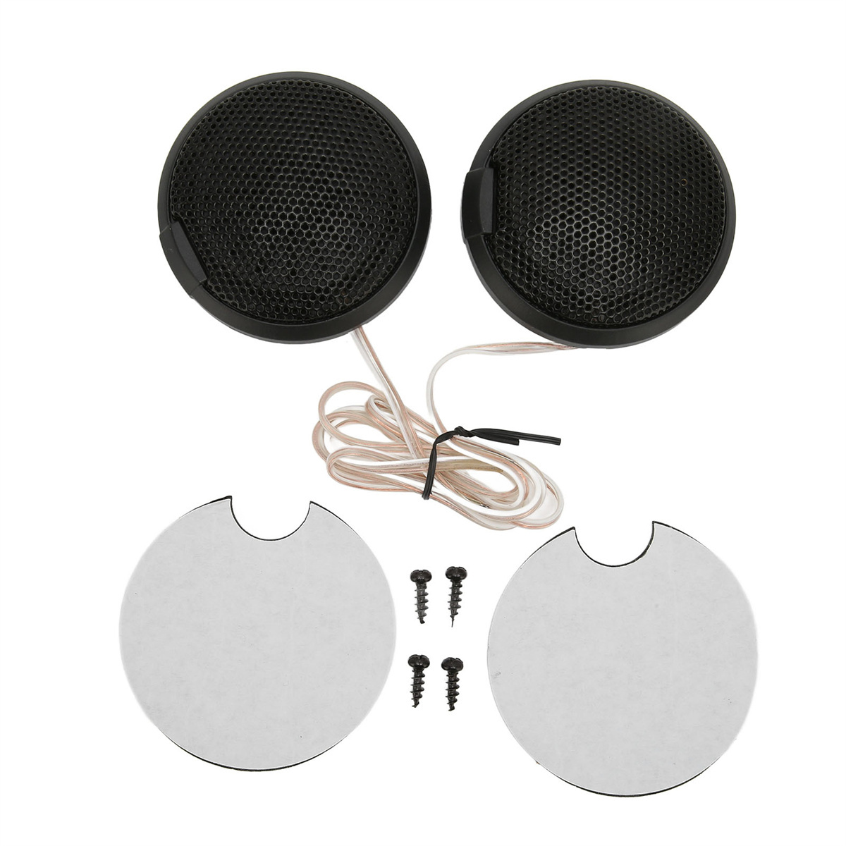 Zwei schwarze Autolautsprecher, mit Kabel und zwei leere Kreise mit Schrauben.