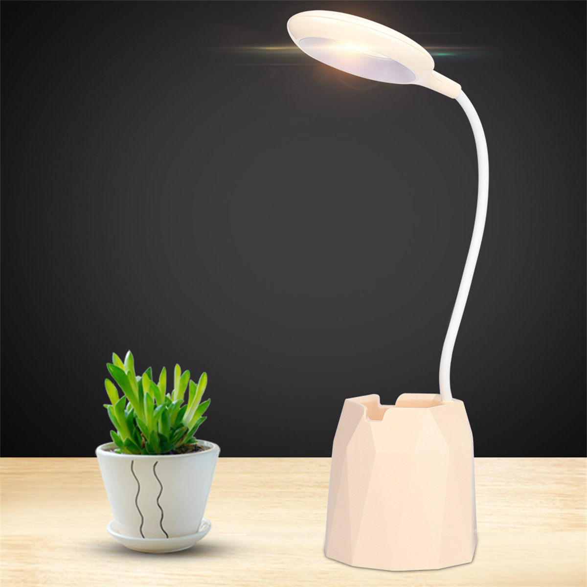 Schreibtischlampe mit einem Blumentopf daneben, auf einer Holzoberfläche.