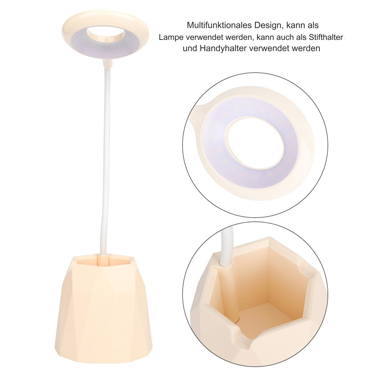 Beige Schreibtischlampe mit Stifthalter. Weißer Schaft und Ringlicht mit Details in Nahaufnahme.