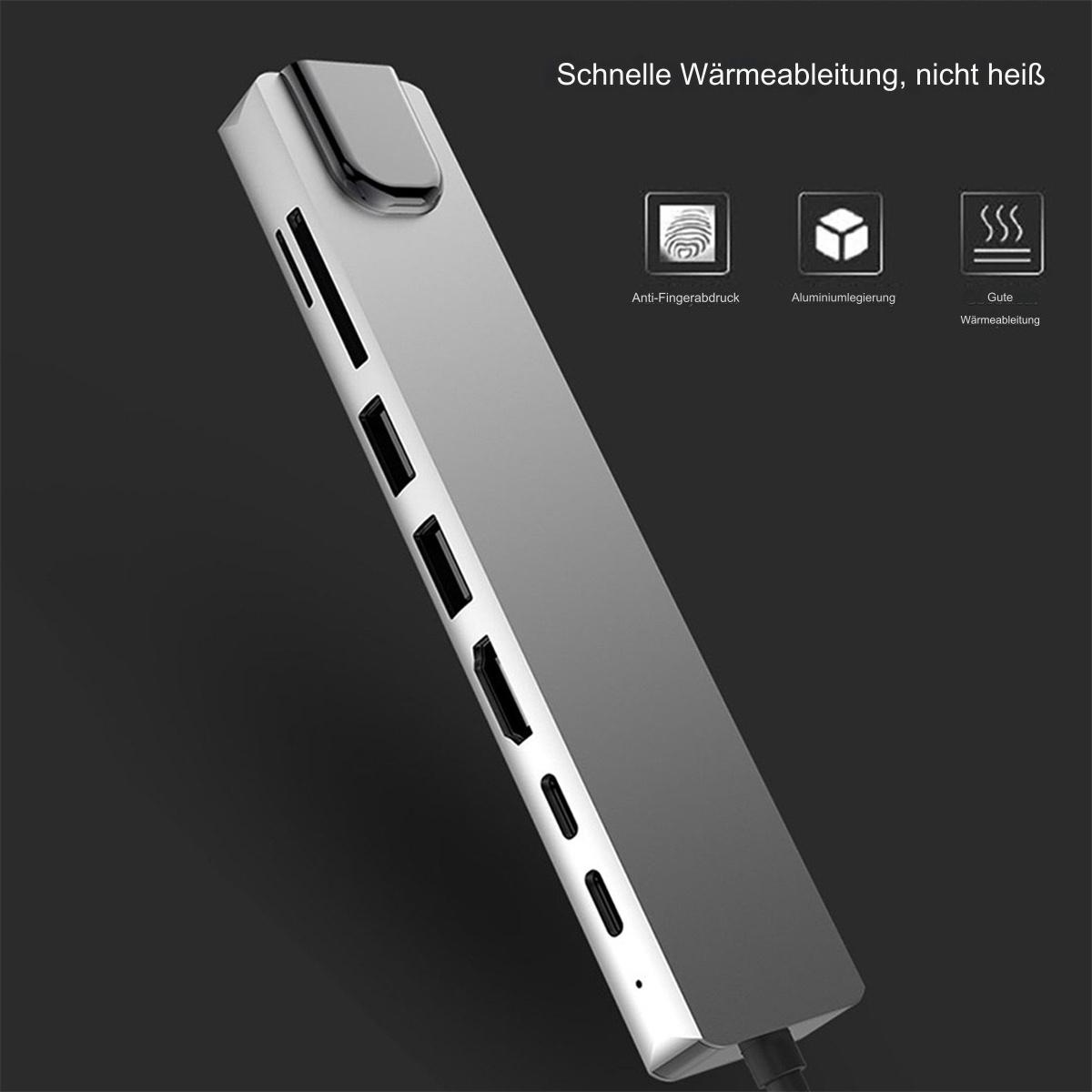 Silberner USB-C Hub mit mehreren Anschlüssen. Merkmale: Anti-Fingerabdruck, Aluminiumlegierung, gute Wärmeableitung.