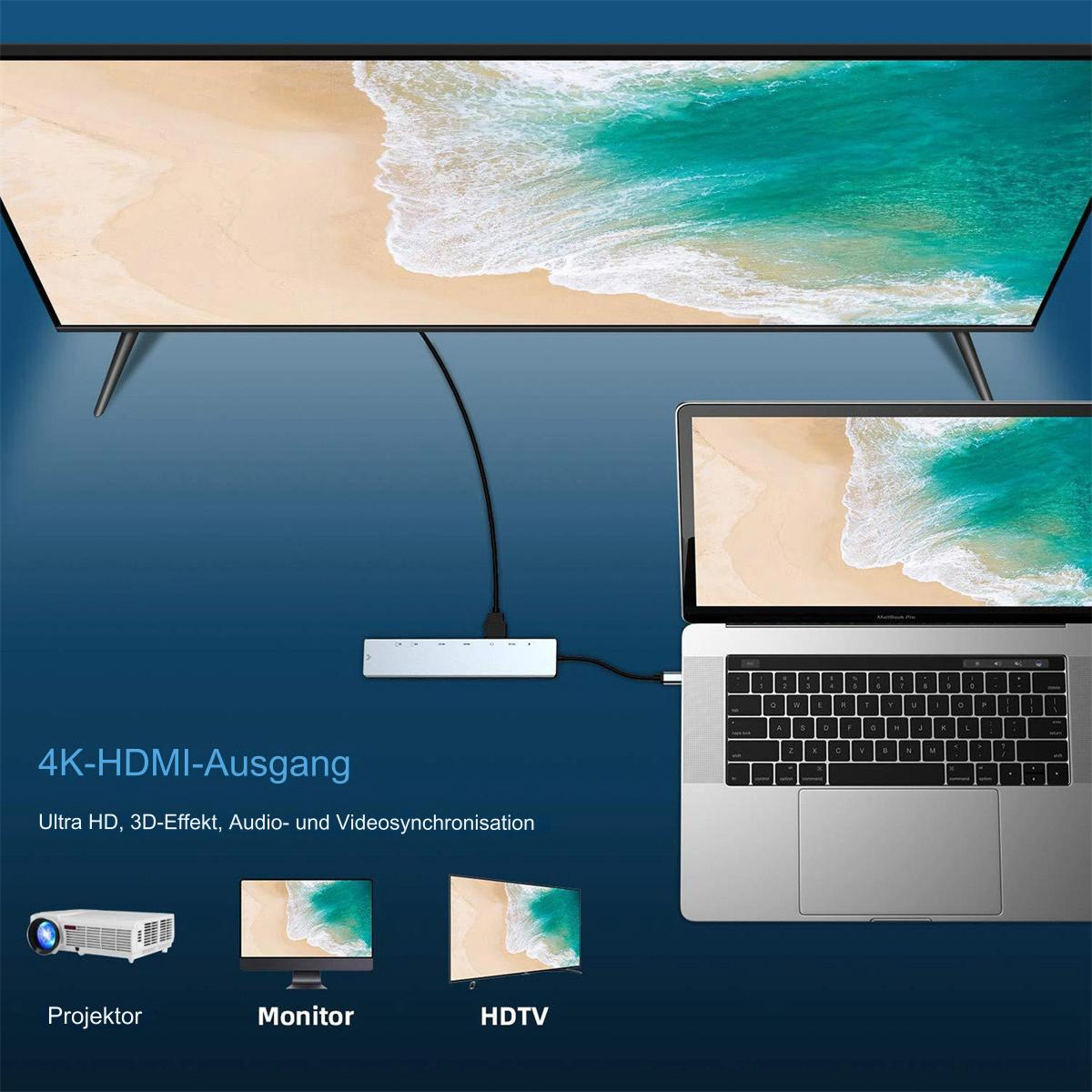 Ein Laptop ist mit einem silbernen Hub verbunden, der mit einem Fernseher und einem Projektor verbunden ist.