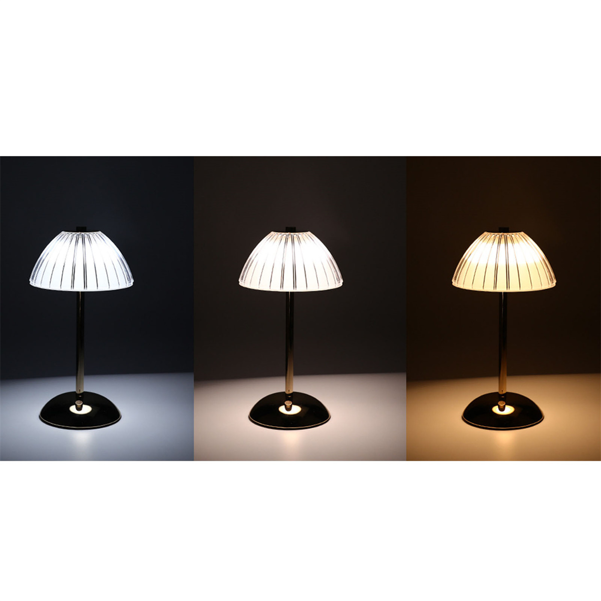 Drei Lampen zeigen unterschiedliche Farbtemperaturen. Die Lampen haben ein weißes, warmes und gelbes Leuchten.