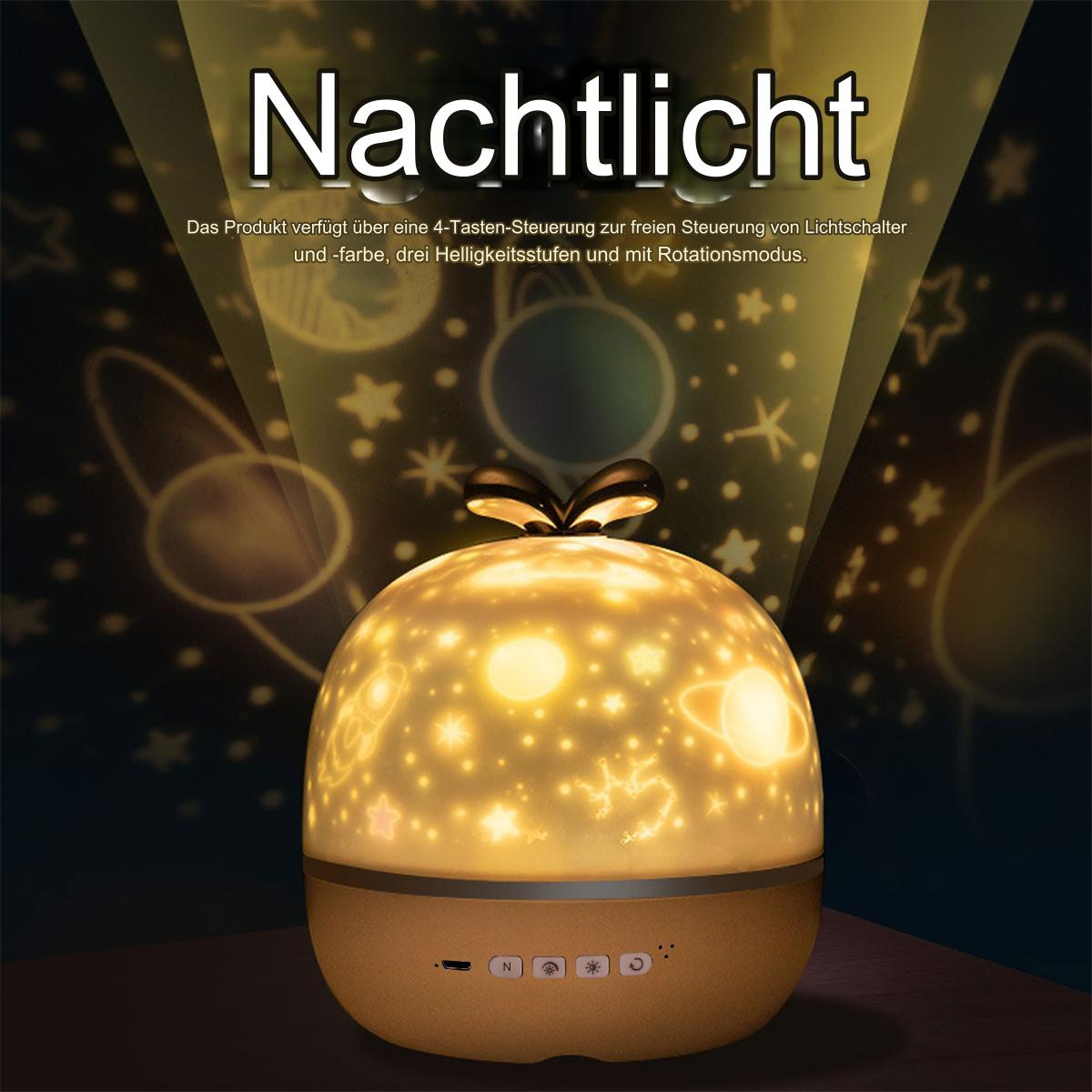 Ein Nachtlicht mit Sternen- und Planetenprojektionen. Gelb-schwarze Basis.