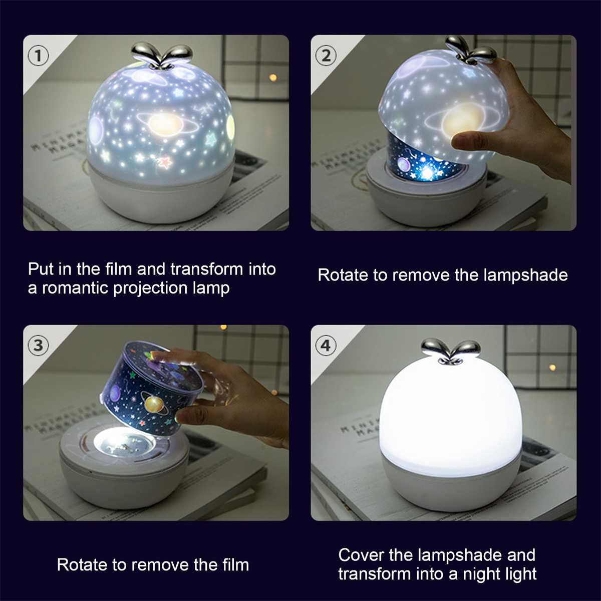 Ein Nachtlichtprojektor. Anweisungen zeigen Schritte. Die Lampe verwandelt sich in ein Nachtlicht.
