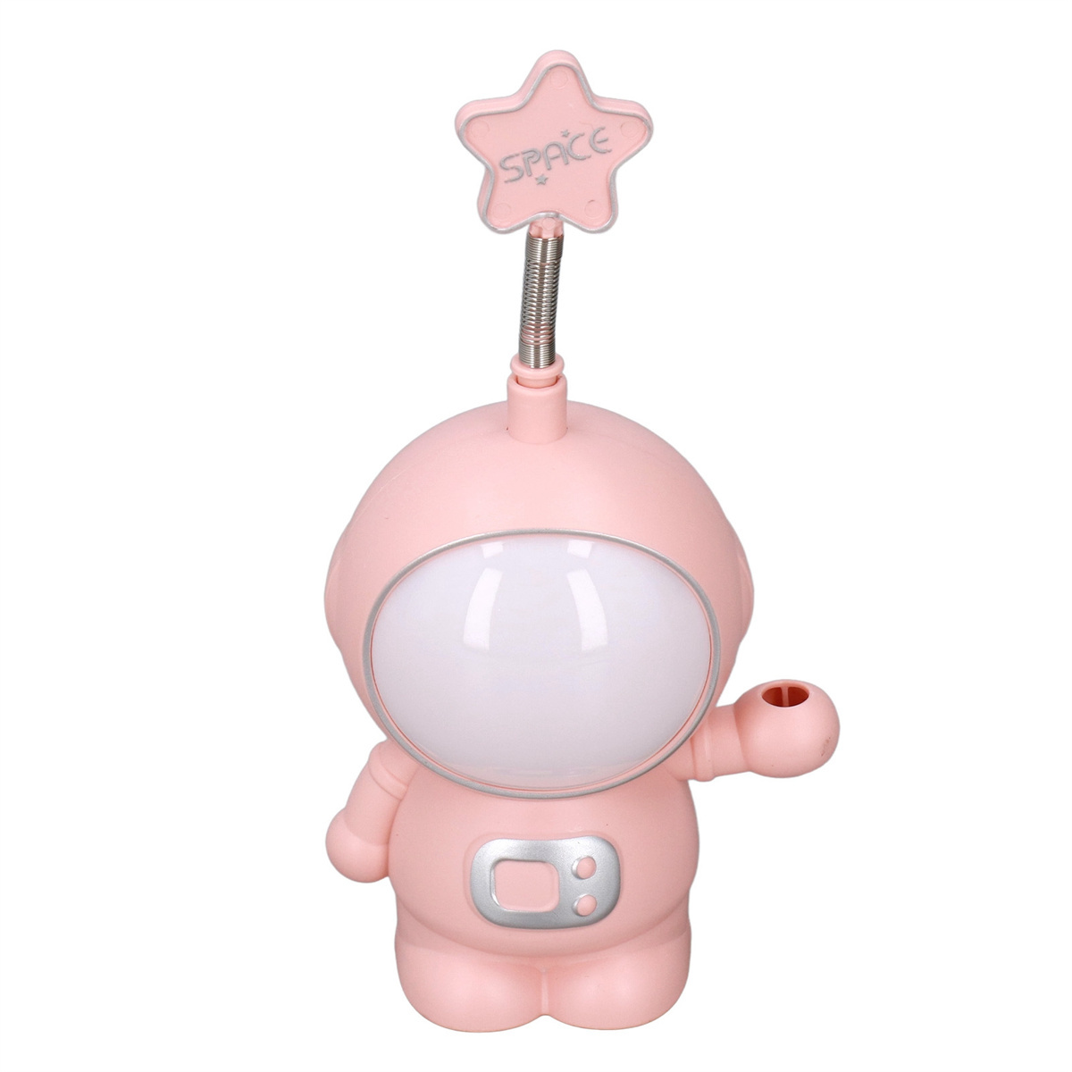 Eine rosa astronautenförmige Lampe mit sternförmigem Licht, auf weißem Untergrund.