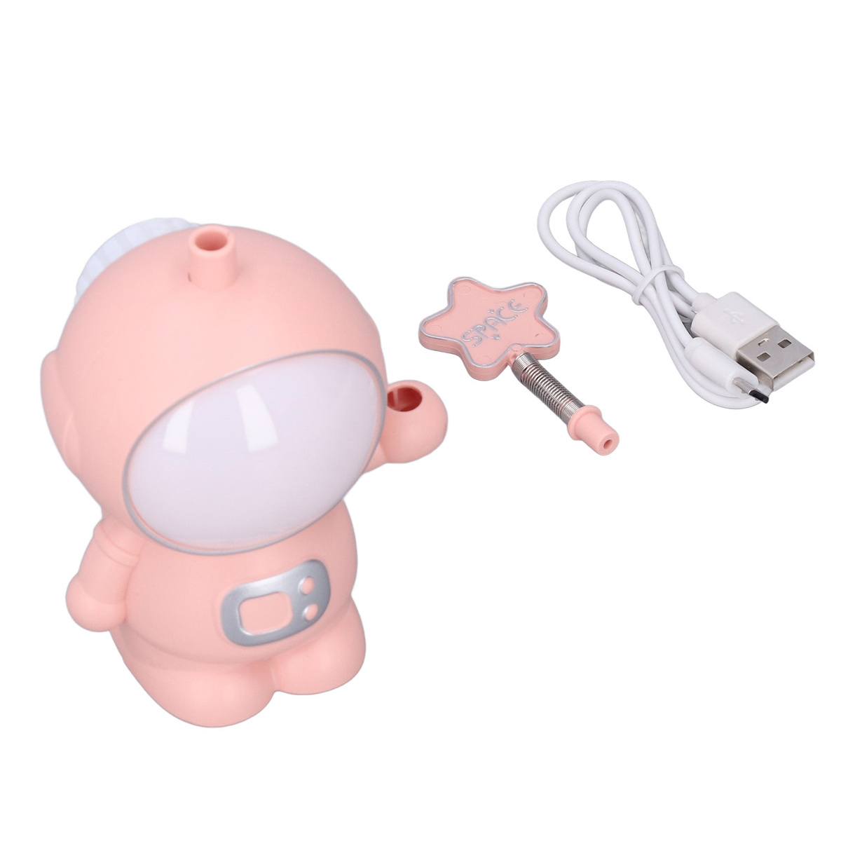 Rosa Astronauten-Nachtlicht mit Sternzauberstab und USB-Kabel.