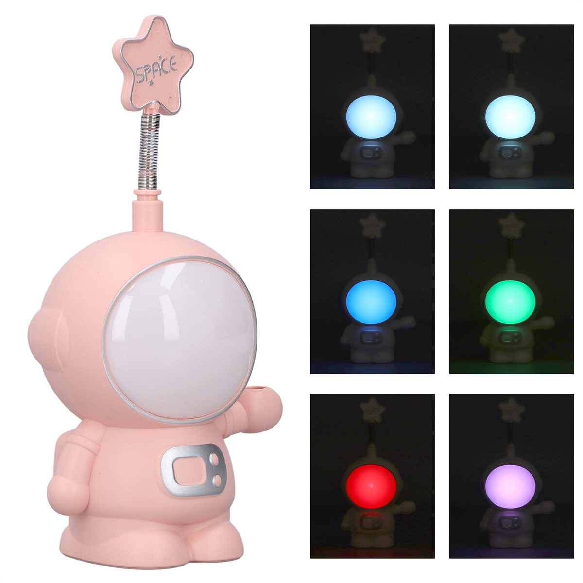 Eine rosa Astronauten-Lampe mit verschiedenen Lichtfarben. Sie hat einen sternförmigen Kopf.
