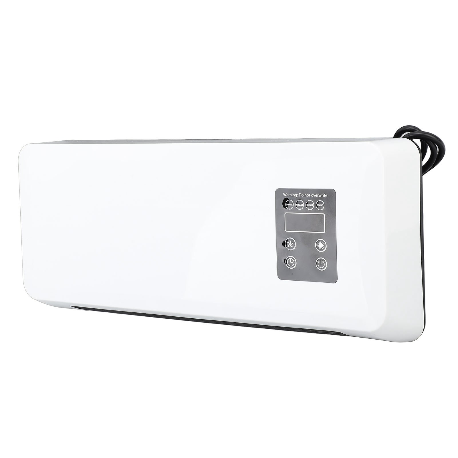 Weißer elektrischer Wandheizer mit Digitalanzeige. Schwarzes Netzkabel. Weißer Hintergrund.