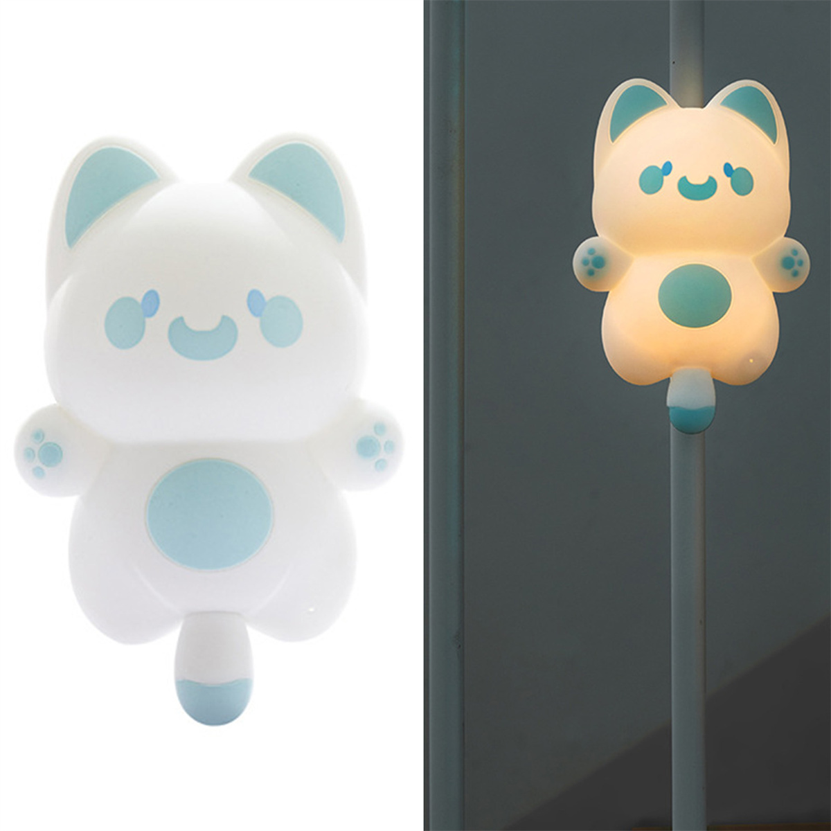 Zwei katzenförmige Lichter, eines fest, das andere leuchtet. Beide sind weiß und blau. Eines ist an. Das andere ist aus.