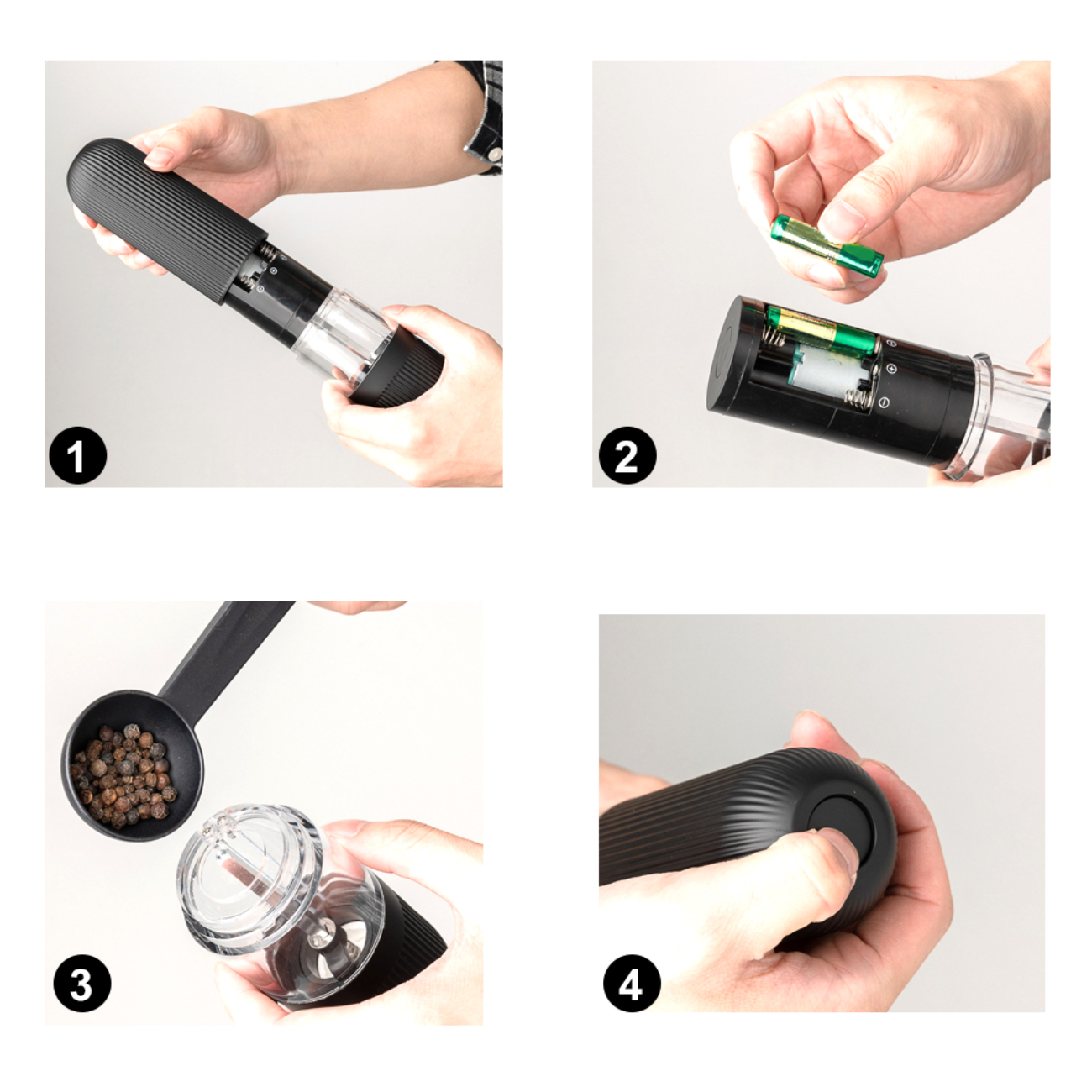 Bilder zeigen einen Pfeffermühle, die mit Batterien und Pfeffer bestückt wird. Schritte 1-4 zeigen den Vorgang.