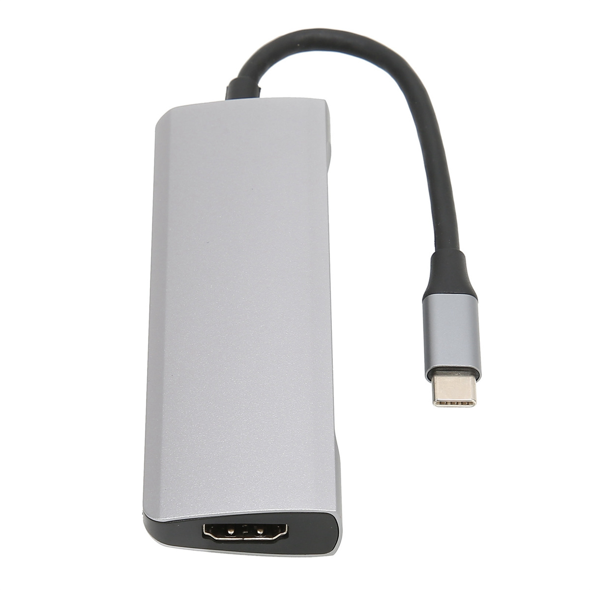 Ein silberner USB-C-Hub mit HDMI-Anschluss und einem schwarzen Kabel, das an einen USB-C-Anschluss angeschlossen ist.