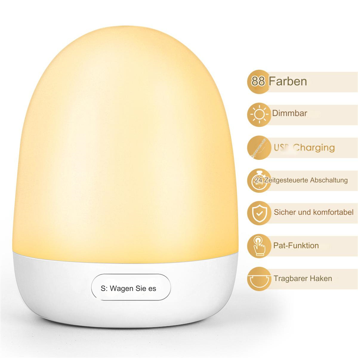 Eine weiße Lampe mit gelbem Licht, Knöpfen und Text. Informationssymbole sind abgebildet.