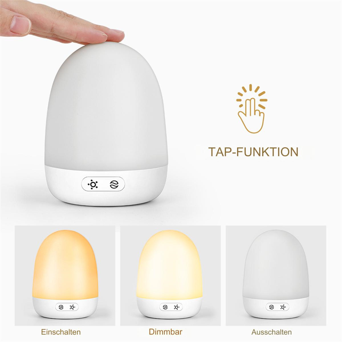 Weißes, eiförmiges Nachtlicht mit Touch-Funktion und drei verschiedenen Lichteinstellungen.