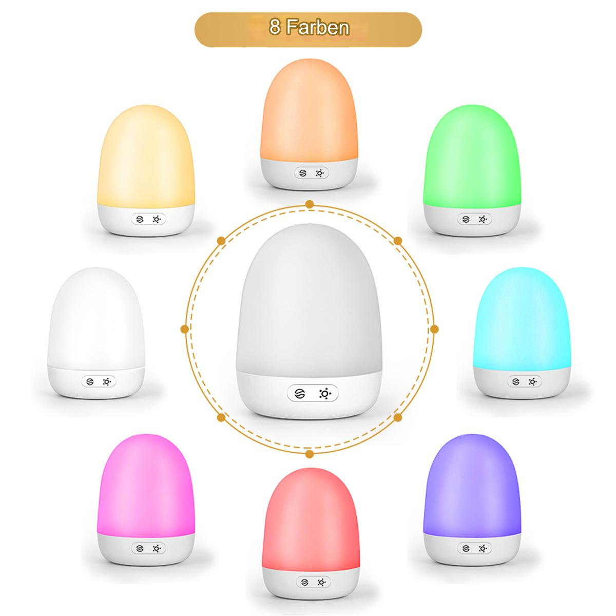 Set aus acht eiförmigen Lampen in verschiedenen Farben. Aufschrift '8 Farben' oben.