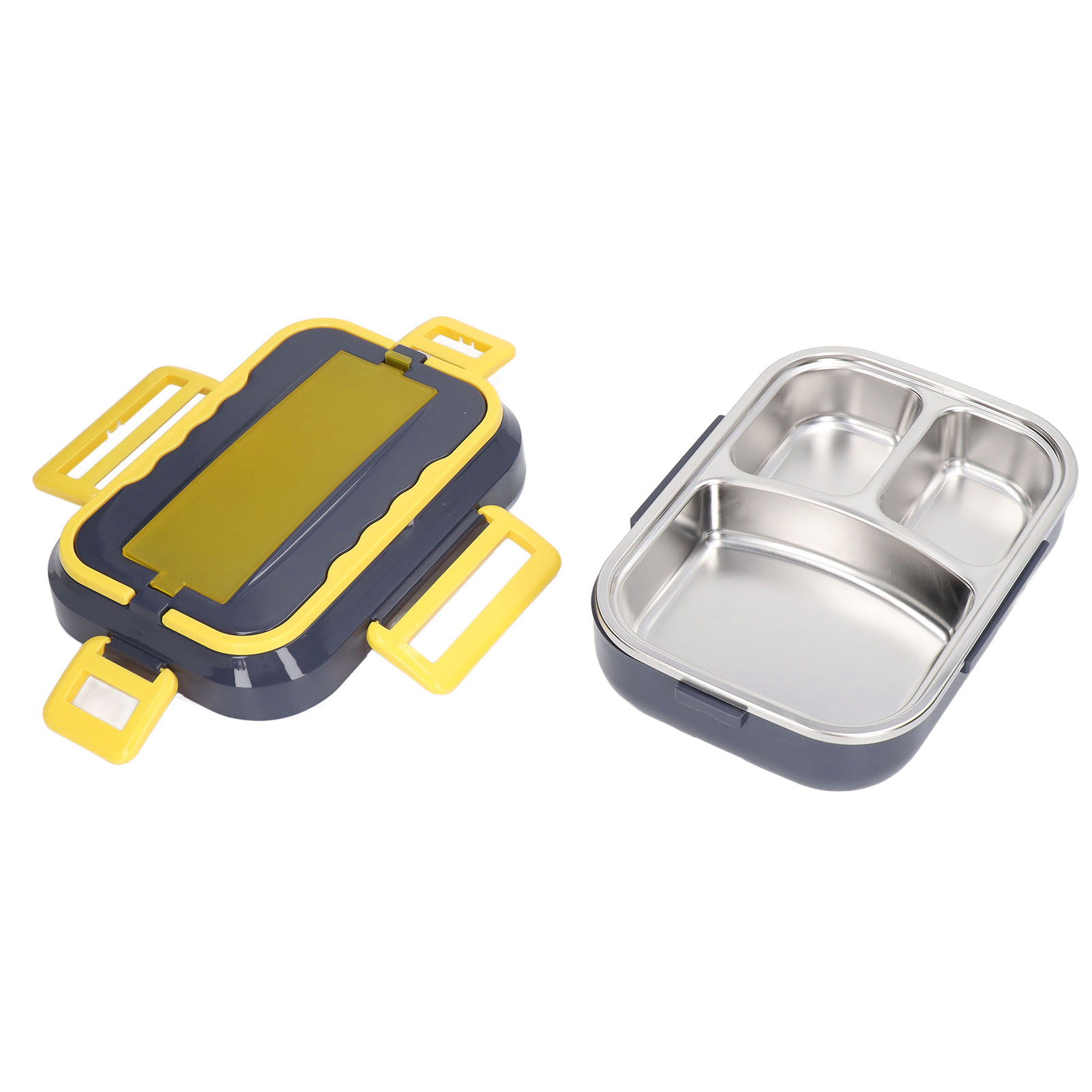 Lunchbox, geschlossen und offen, mit Fächern. Gelb-blaues Farbschema, Edelstahl-Innenraum.