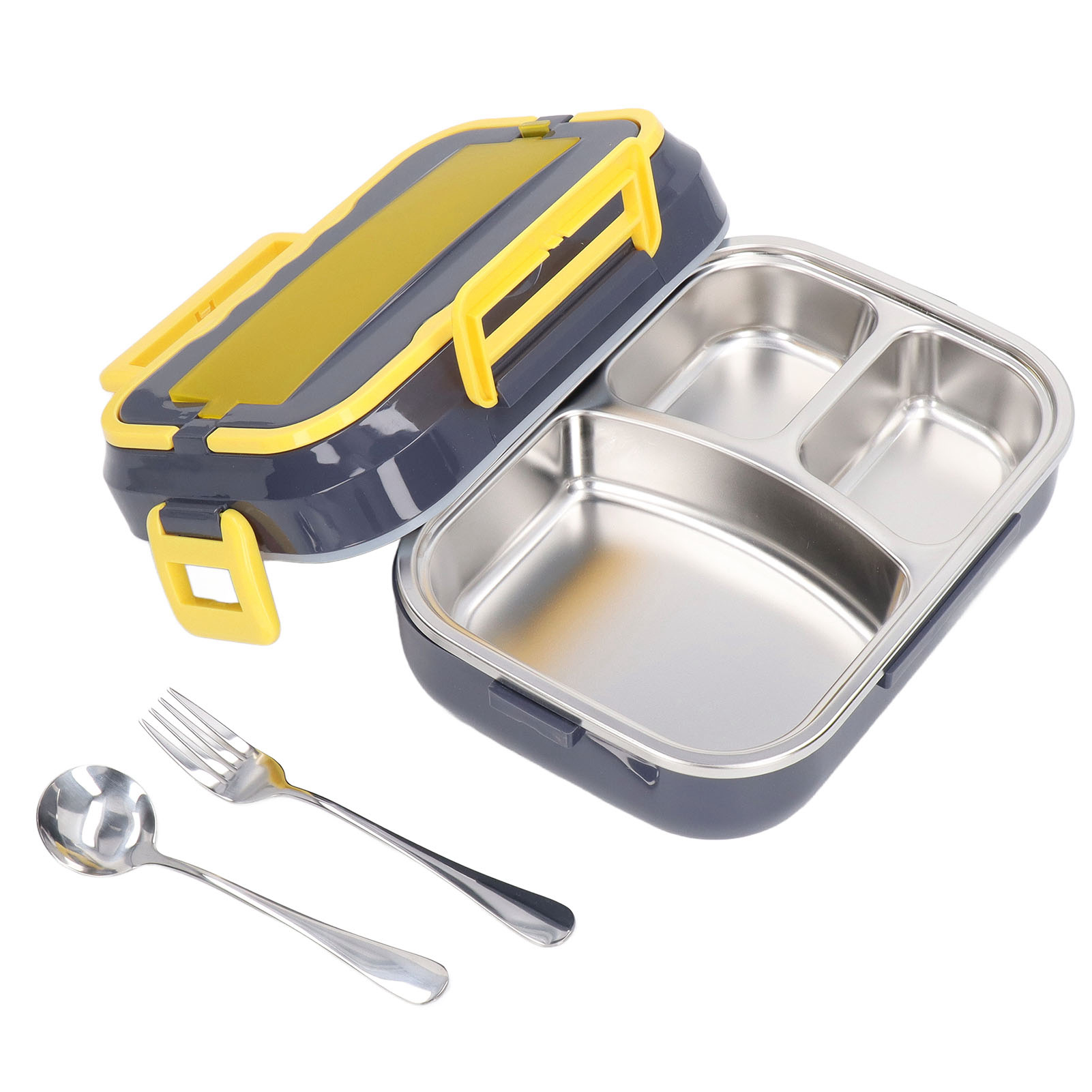 Eine Edelstahl-Lunchbox mit grauem Deckel. Sie hat drei Fächer. Silberne Gabel und Löffel liegen daneben.