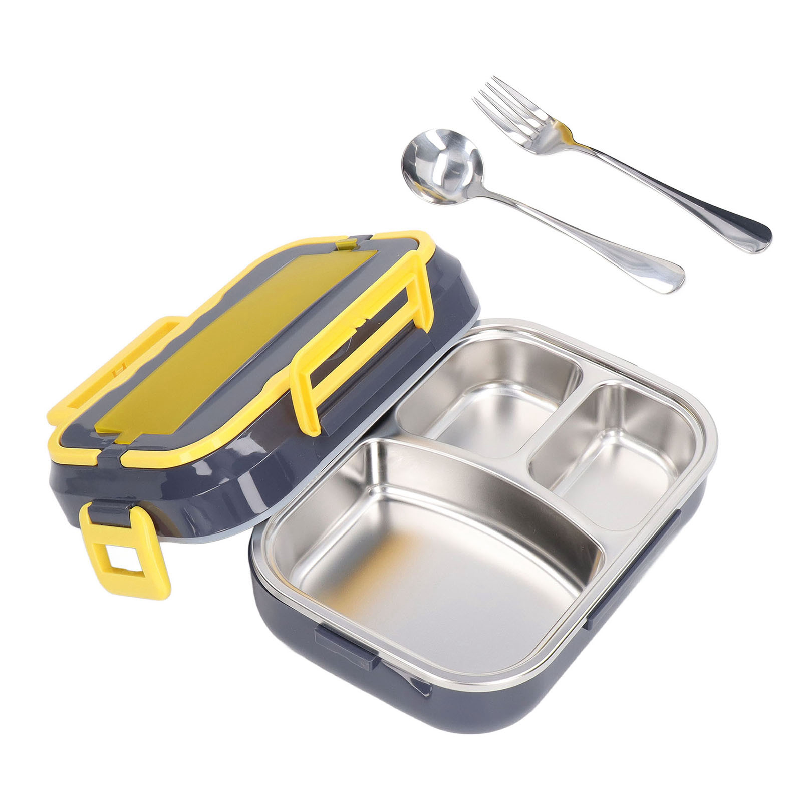 Offene Lunchbox mit drei Fächern, Löffel und Gabel. Grau und gelb.