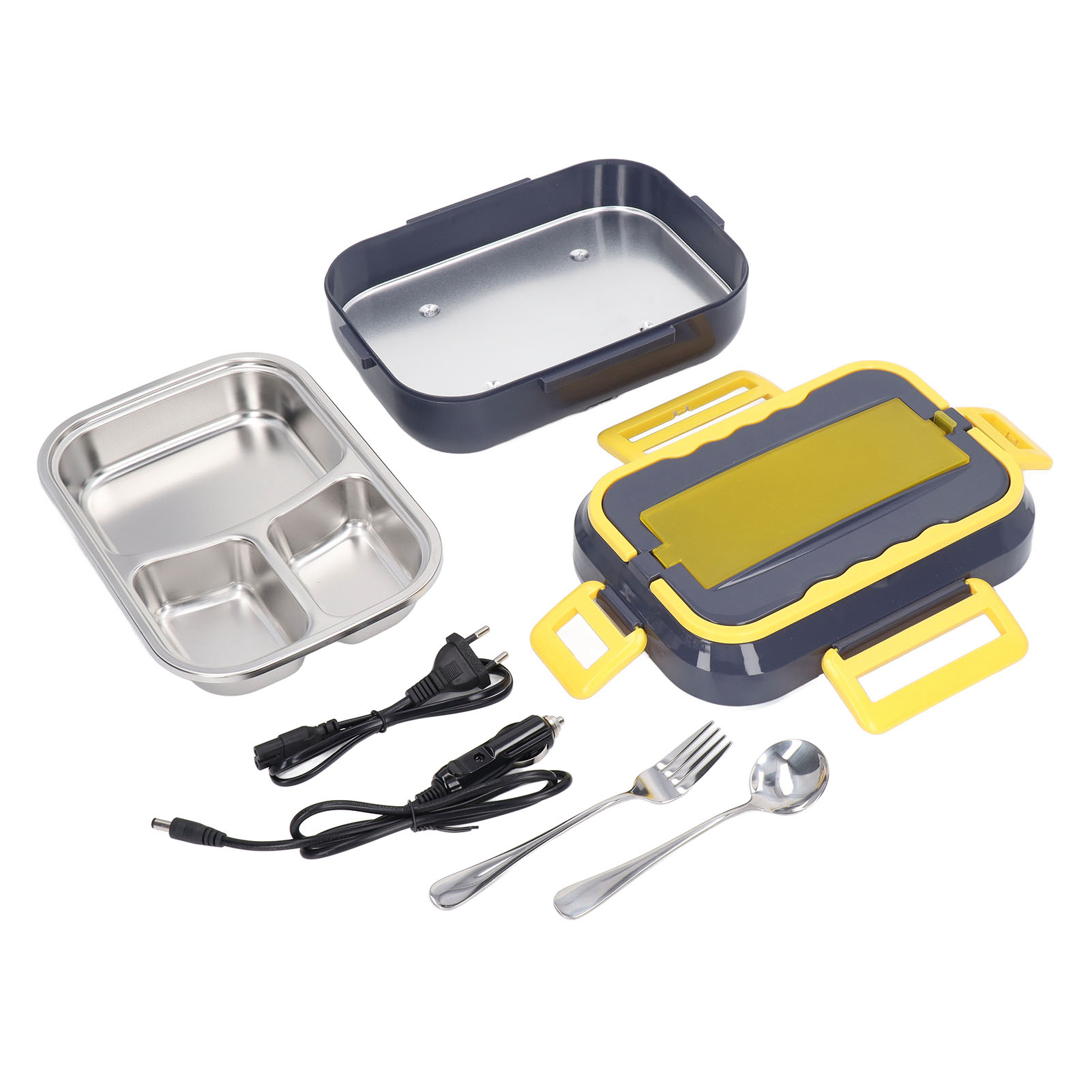 Beheizte Lunchbox mit Fächern, Utensilien und Netzkabeln, weißer Hintergrund.