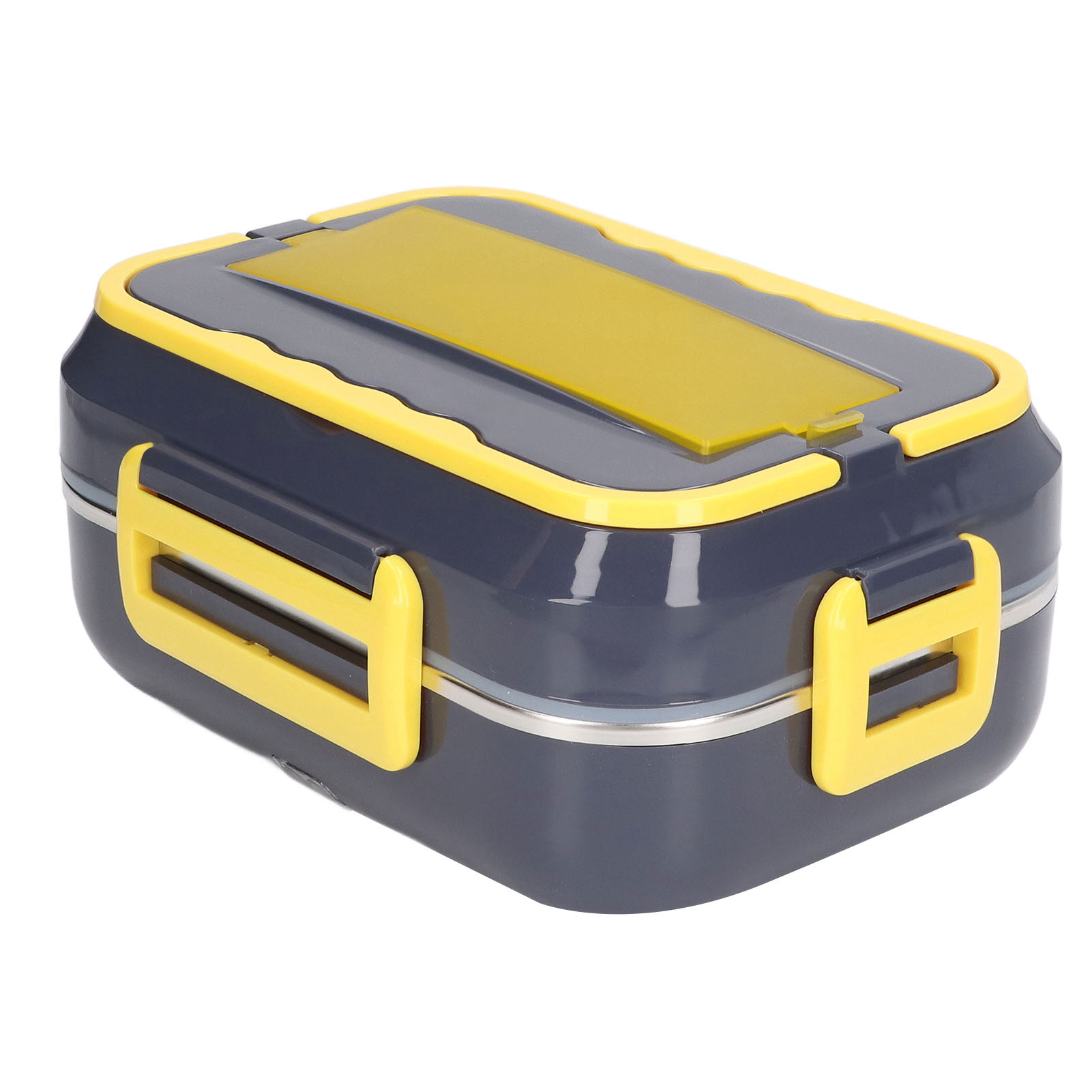 Eine geschlossene Lunchbox, hauptsächlich dunkelgrau mit gelben Akzenten. Sie ist rechteckig.