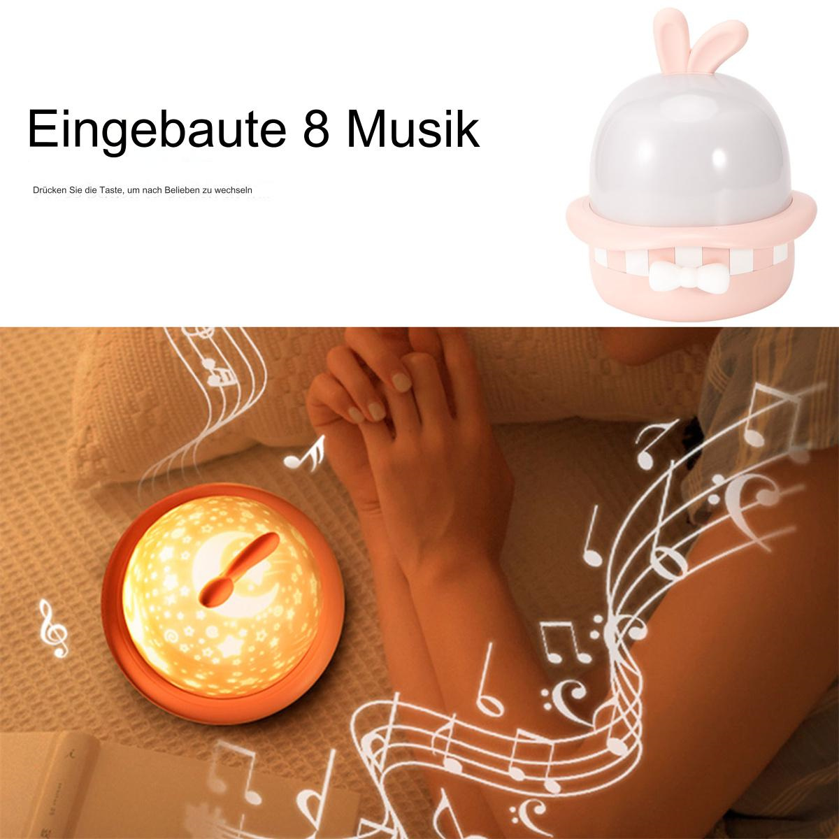 Ein Babynachtlicht in Form eines Hasen. Es hat ein rundes Licht und Noten auf einem Bett.
