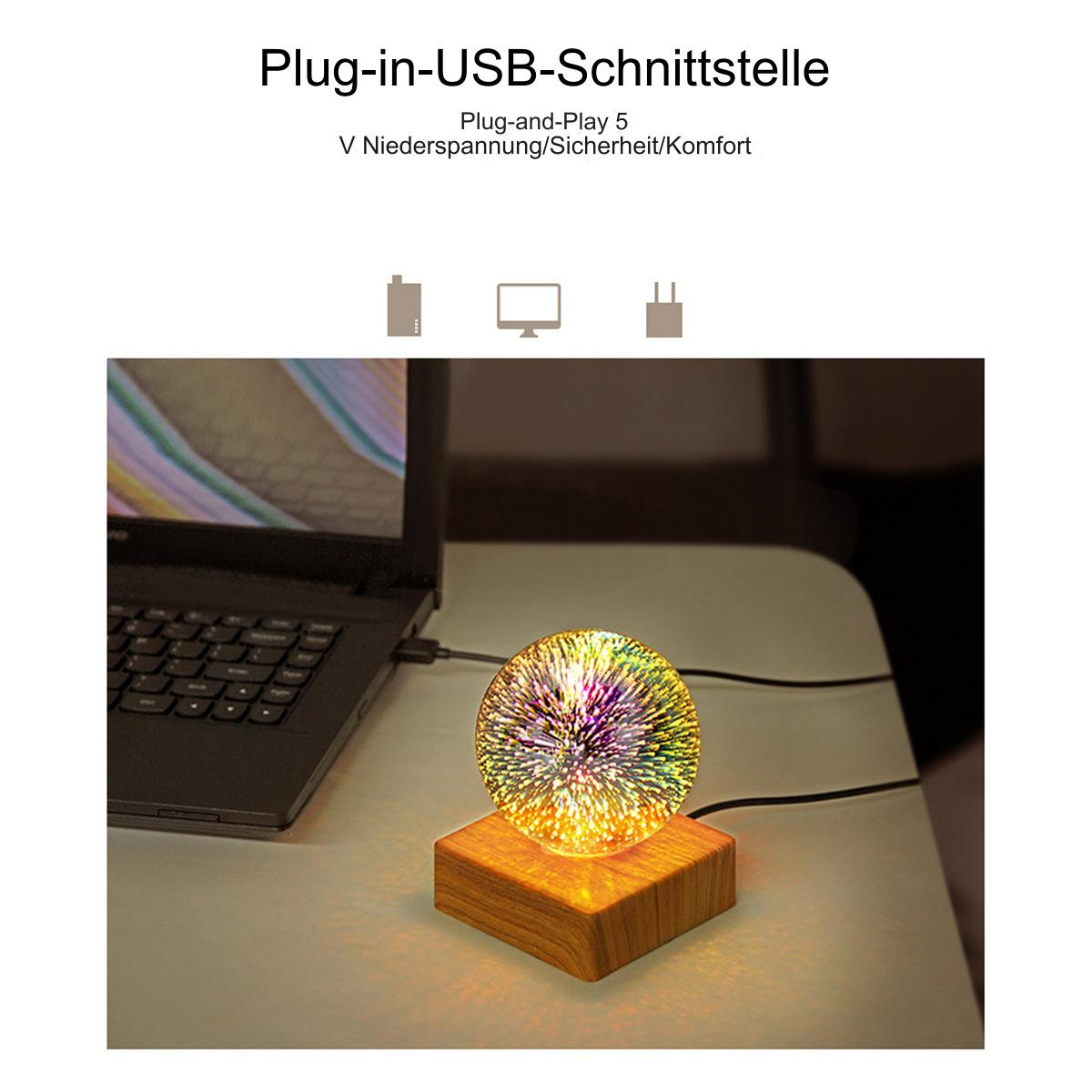 Eine leuchtende Kugel auf einem Holzsockel, verbunden mit einem Laptop. Der Text darüber lautet 'Plug-in-USB-Schnittstelle'.