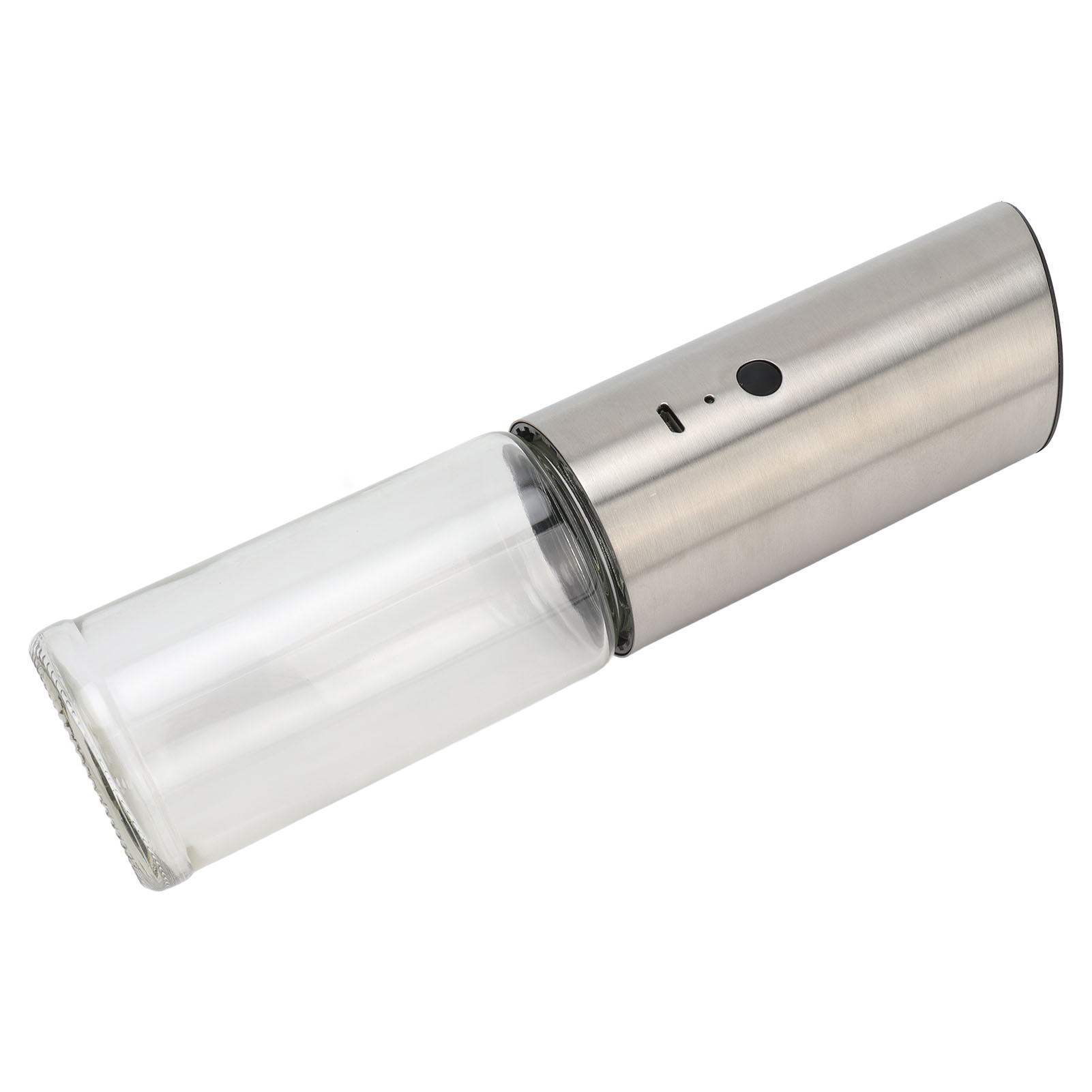 Elektrische Pfeffermühle aus Silber und Glas auf weißem Hintergrund.