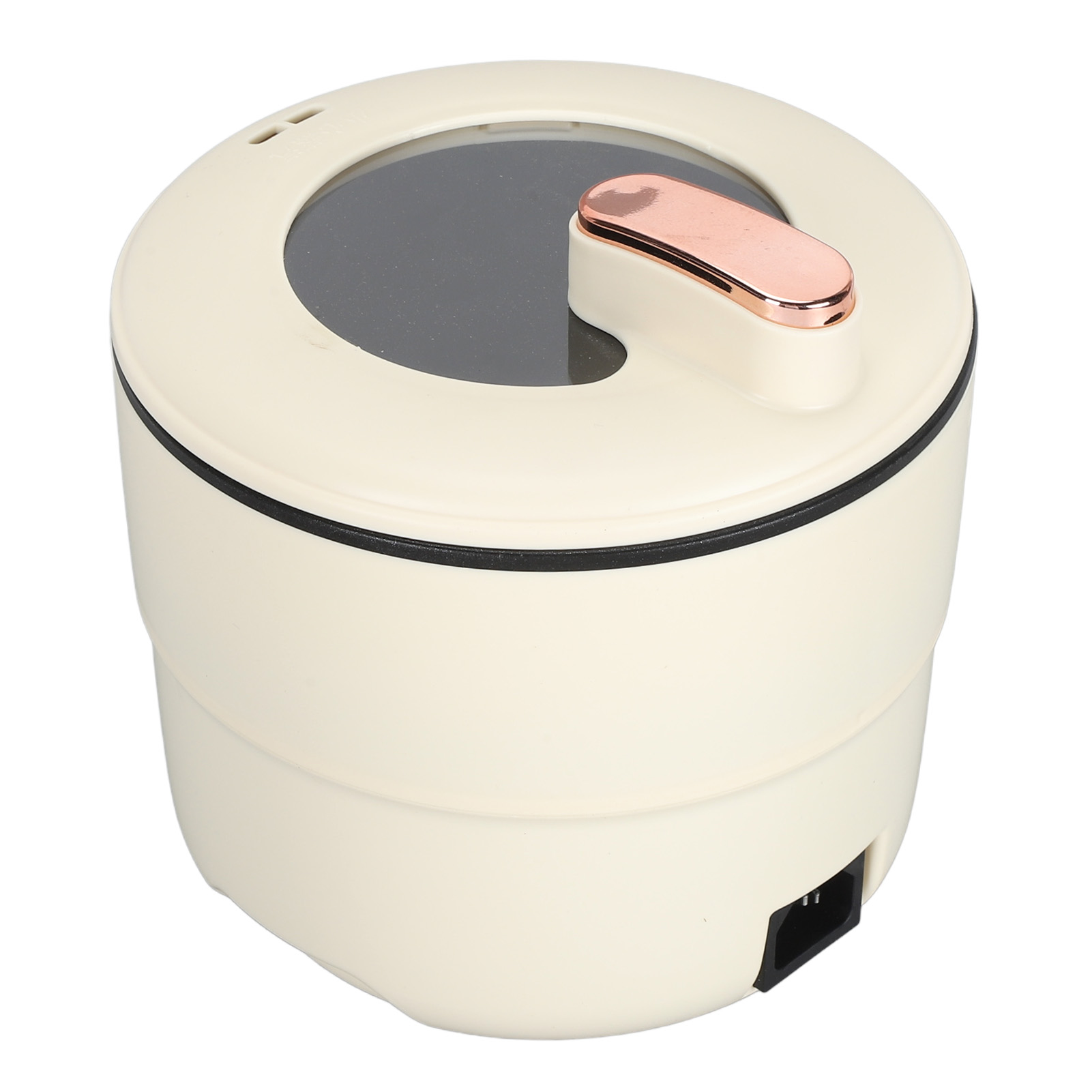 Elfenbeinfarbener elektrischer Reiskocher mit schwarzem Deckel, roségoldenem Griff und schwarzem Netzstecker.