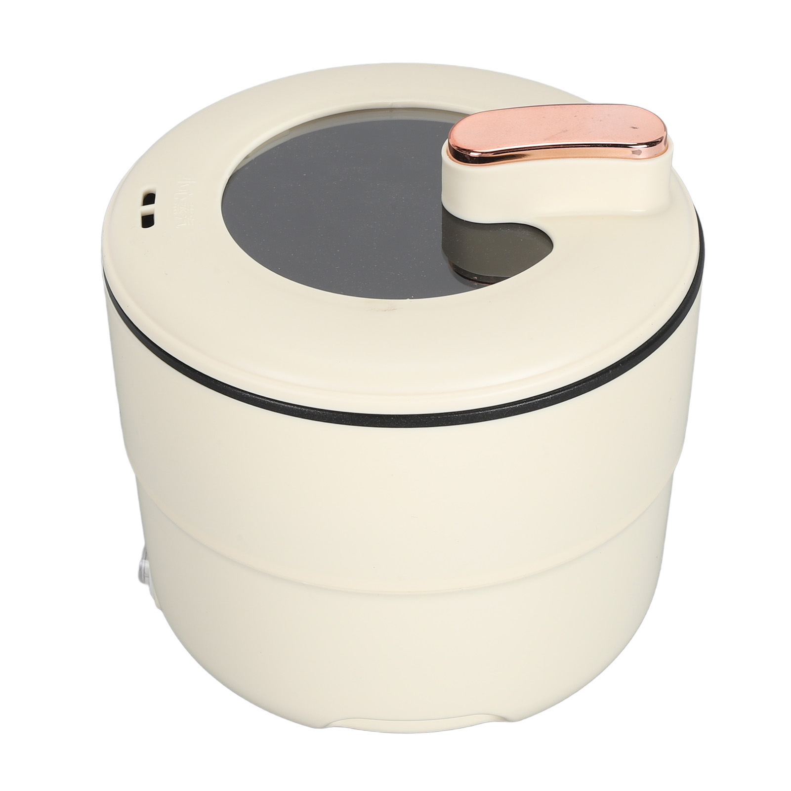 Tragbare Mini-Waschmaschine in Weiß und Beige mit Bedienfeld und kupferfarbenem Griff. Weißer Hintergrund.
