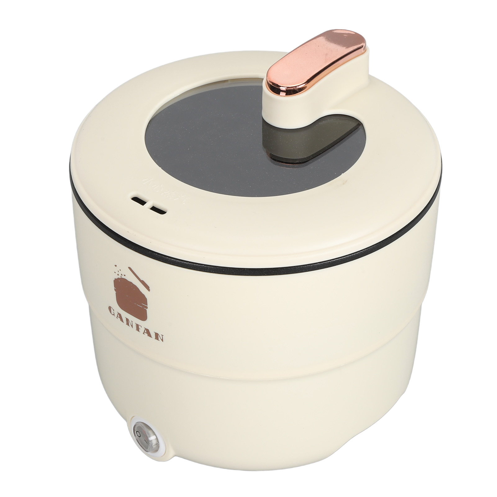 Cremefarbener Mini-Elektrokocher mit schwarzen Akzenten, einem roségoldenen Griff und einem transparenten Deckel.