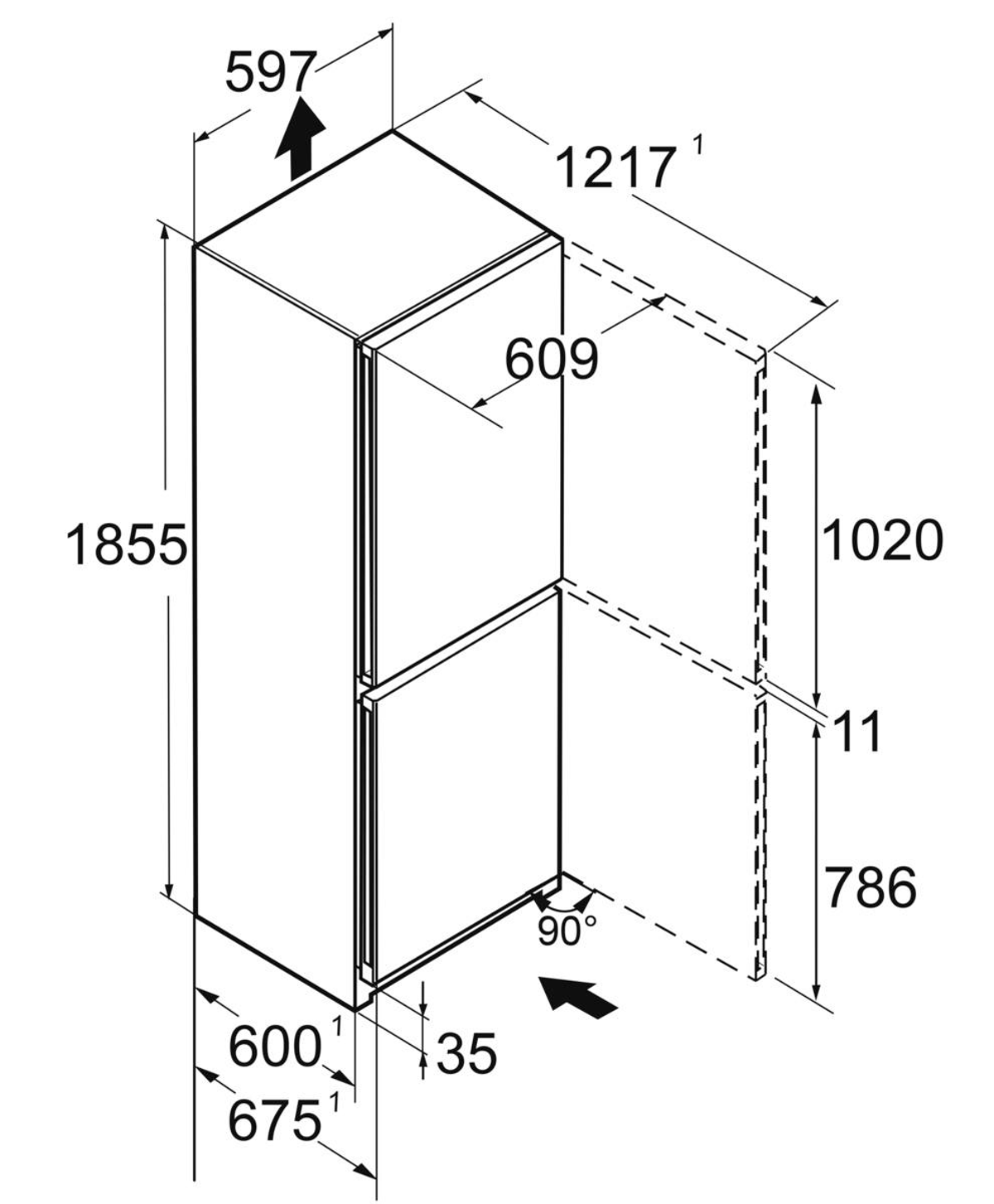 Dibujo técnico de un refrigerador blanco con dimensiones en milímetros.
