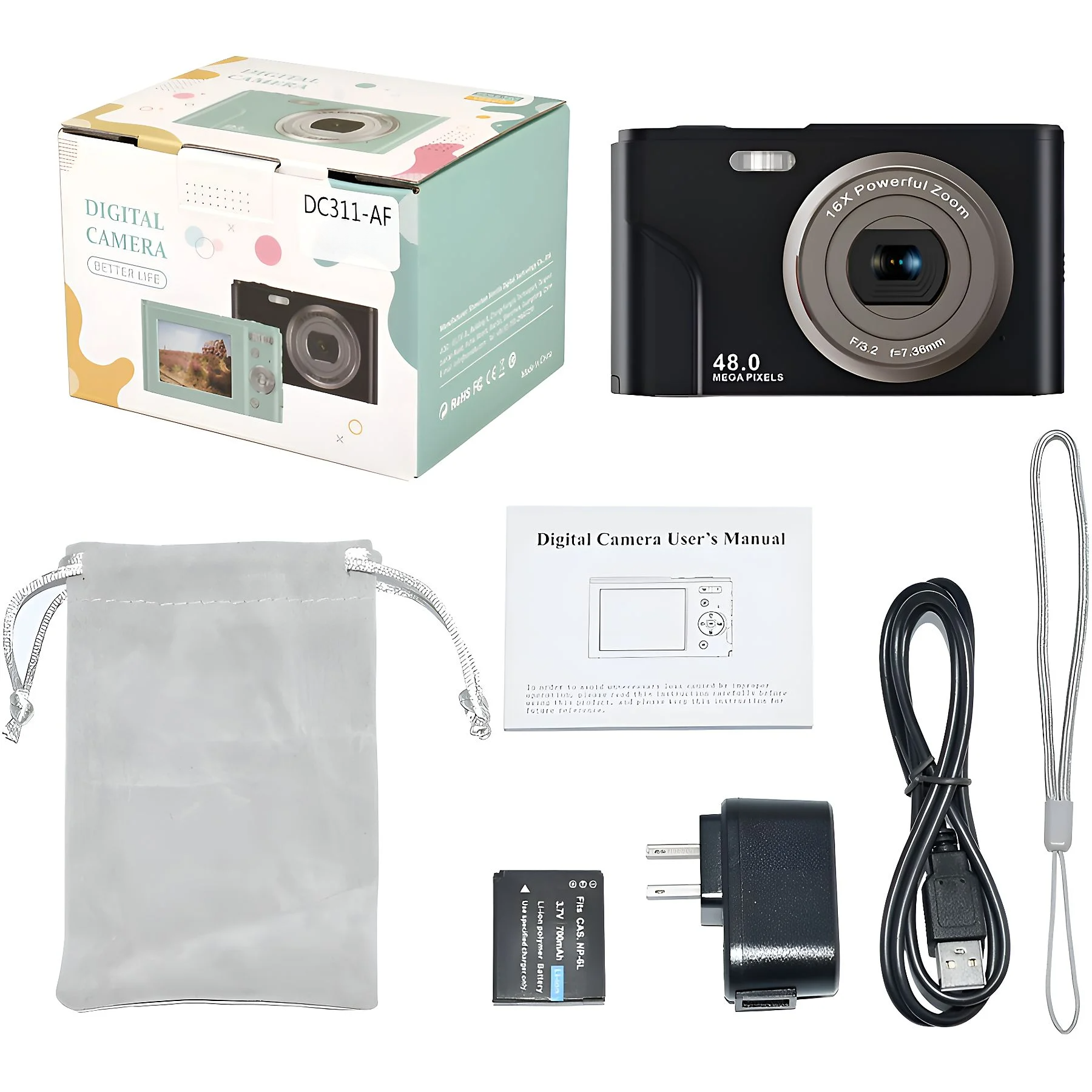 Digitalkamera-Set mit Box, Kamera, Akku, Ladegerät, Tasche und Benutzerhandbuch.