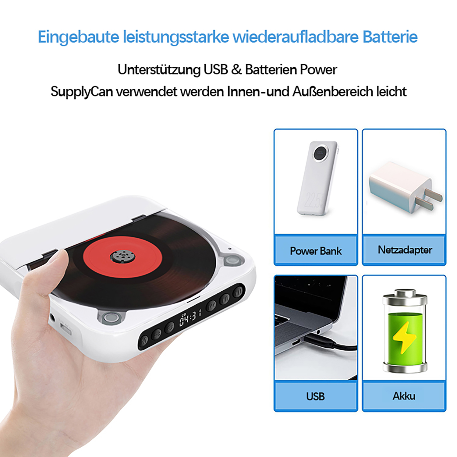 Weißer tragbarer Plattenspieler mit roter Schallplatte und Ladeoptionen. Klare Etiketten zeigen Powerbank, USB usw.
