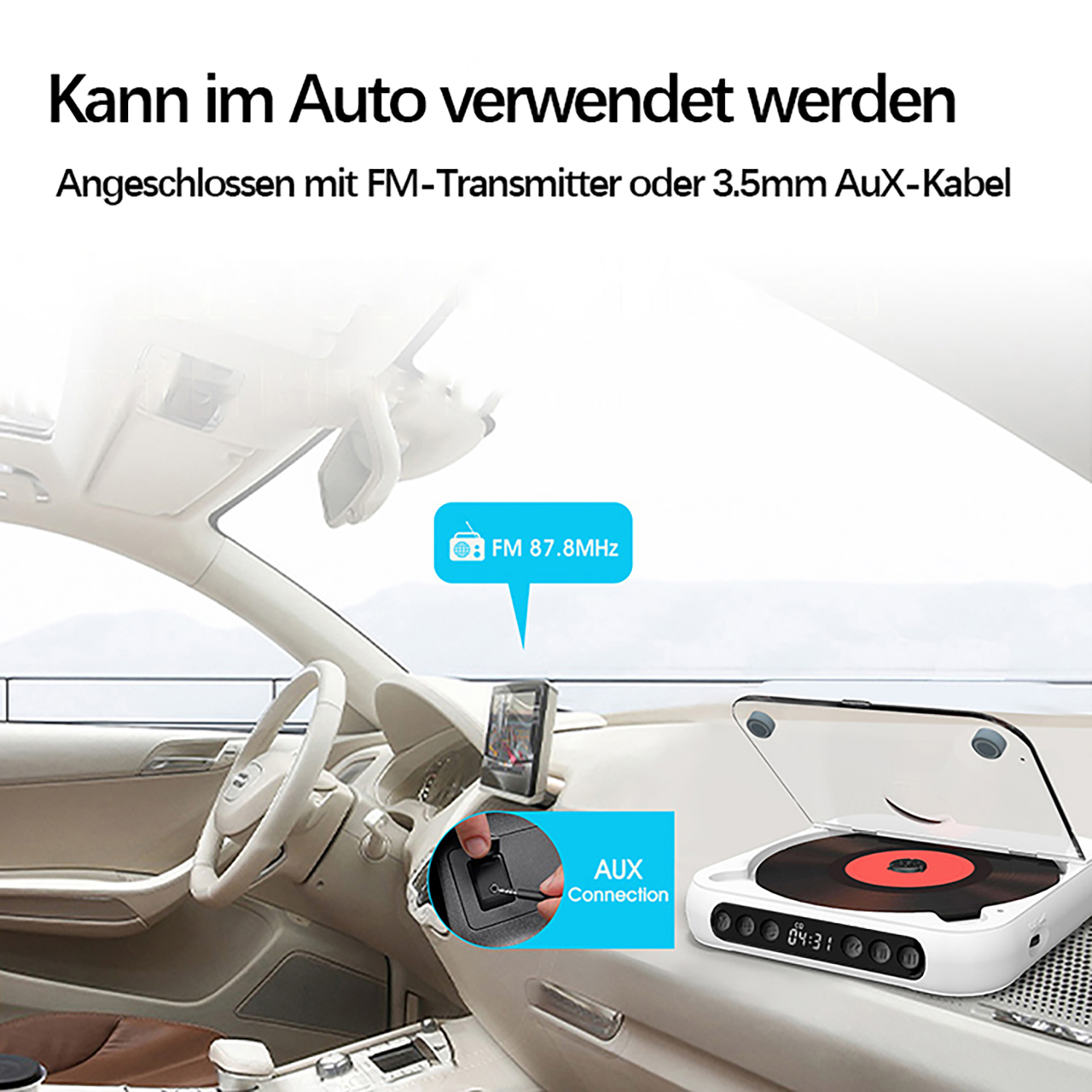 Ein Autointerieur mit einem Plattenspieler. Ein AUX-Anschluss wird gezeigt.